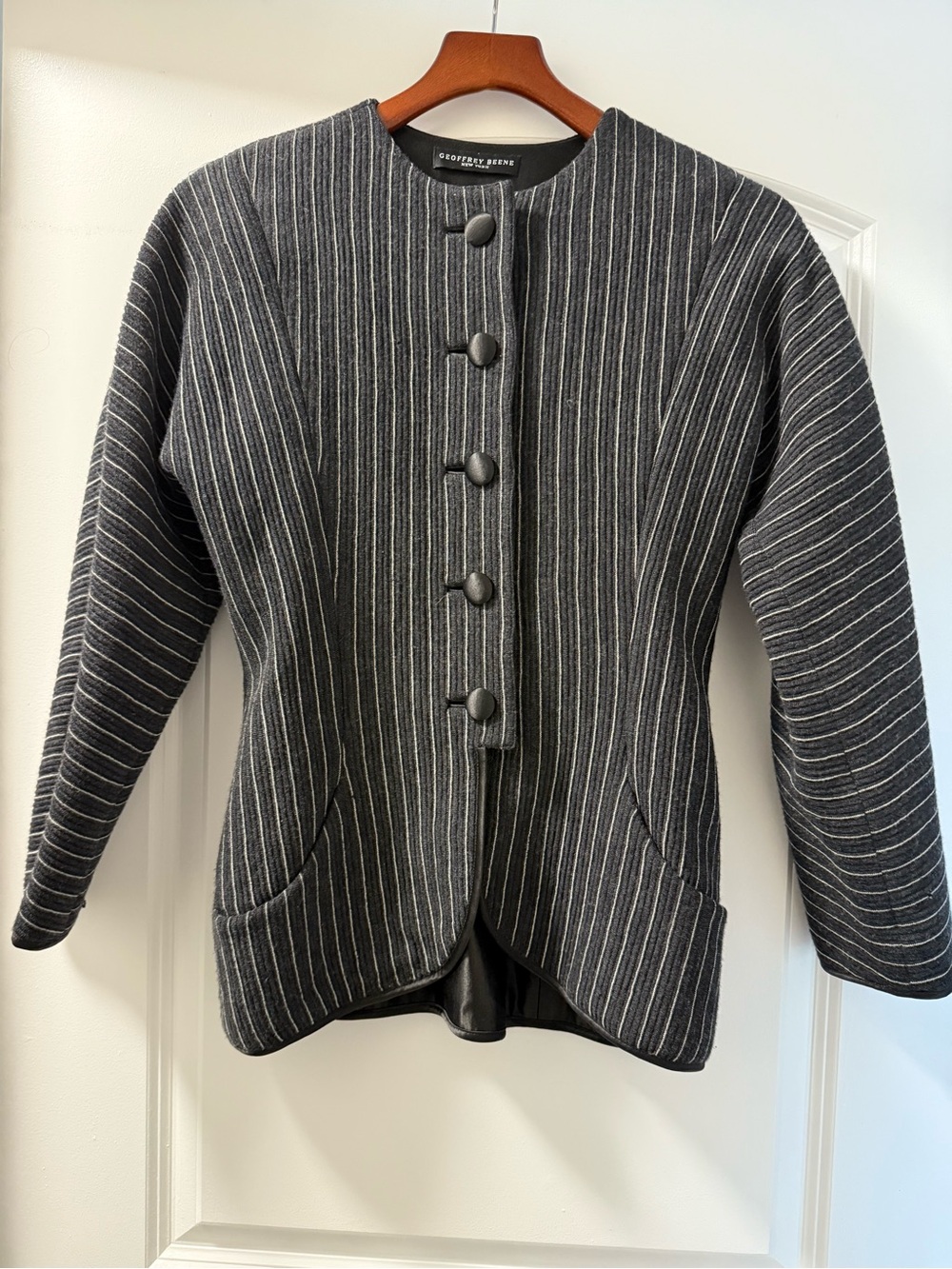 Geoffrey Beene Gray Pinstripe Collarless Jacket